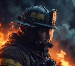 a man in a fire helmet and suit stands next to a bunch of flames