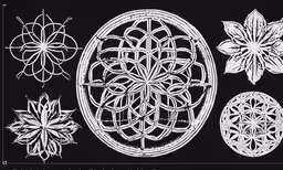 a black and white drawing of some different shapes,a set of white outline drawings of circles and flowers