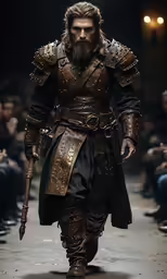 a man in full costume walks down the runway