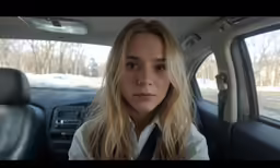 a blonde haired woman is driving in a car