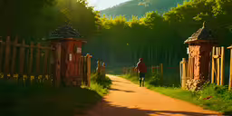 a path that leads to two wooden gates,a person walking on a road next to gate
