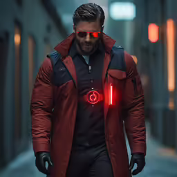 a man walking down an alley with the lights on