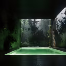 an empty swimming pool inside a building with trees