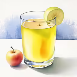 an apple and a drink are sitting together