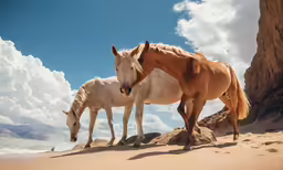 three horses on the beach standing near a cliff