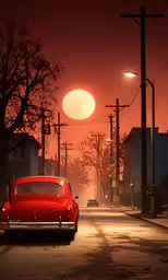 the sun is rising over a small red car