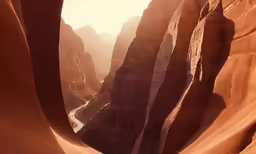 the water is flowing between some steep mountains