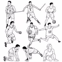 a series of six basketball players in different positions,the various poses of men playing sports in different outfits,a series of drawings shows a variety of different people playing different sports games,the different poses of men playing sports,a group of men play different types of sporting