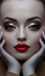 a woman with red lipstick and makeup is holding her hands behind her face