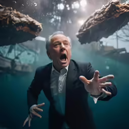 a man in a suit is on underwater with his arms outstretched
