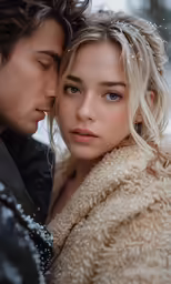 a couple are standing close to each other