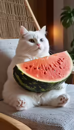 a cat is sitting on the arm of a chair while holding up a watermelon slice