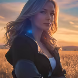 a woman in a field with the sun setting