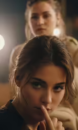 a woman stands while another stands with her finger on her lips
