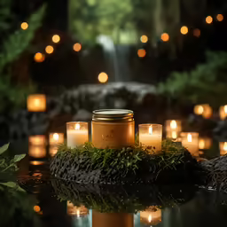 a bunch of candles that are near some water