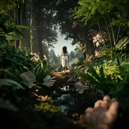 a person in the middle of a forest with green trees