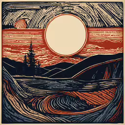 an illustration of mountains with trees and clouds,an artistic style of a landscape at sunset with the sun coming out and some waves going in