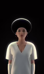 an animated woman with a hat and gloves