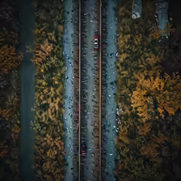 aerial view of train tracks with trees in the background