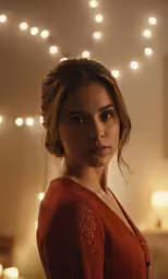 woman in room with lights on ceiling with head turned to the side