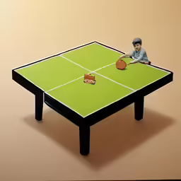 a table with a little boy playing ping pong