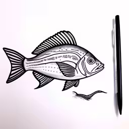 a pencil drawing a small fish and another one,a drawing of a fish with its long tail,a pencil drawing a fish next to it