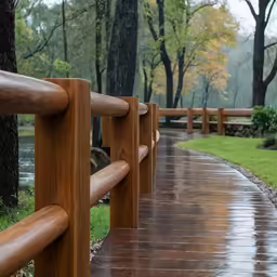 a long, brown wooden path with benches on it