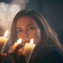 a woman smokes a cigarette and holds some candles
