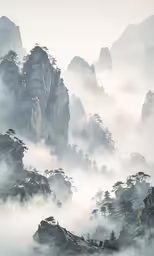 a mountain range covered in fog on a sunny day