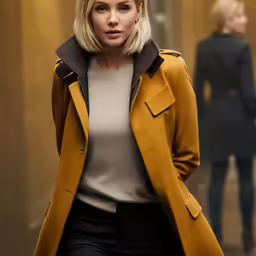 a woman with blond hair is walking and looking at the camera