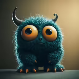 the cute blue monster is sitting down on the table