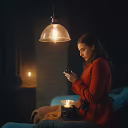 a woman stands in a dark room and uses her cell phone