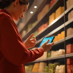a woman is checking out her smartphone in a grocery store