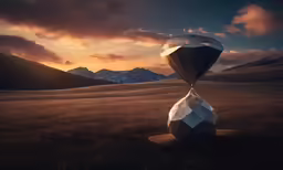 the sun is setting behind mountains and the shapes of a hourglass in the foreground