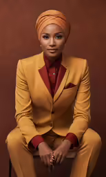 the woman in the yellow suit has red accents
