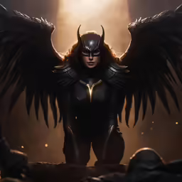 a woman dressed as a dark angel is standing in front of a bright light