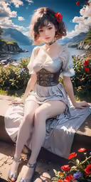 the woman in a dress is sitting on the bench