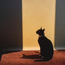 the cat is sitting on a red floor by a yellow wall