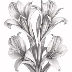 a black and white drawing of lilies in bloom