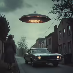 a car driving down the road with a light above