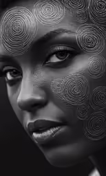 black and white photo of a woman with white concentrics on her face