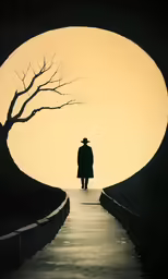 the man is walking into the light by the trees