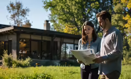 the man and the woman are looking at the paper