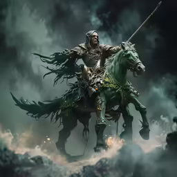 man on horse with long mane riding through storm