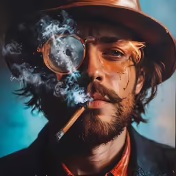 a man with long hair and beard wearing a top hat smokes a pipe while wearing a brown hat