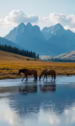 three horses stand close together by a lake