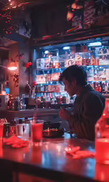a person sits at a bar looking down at their phone