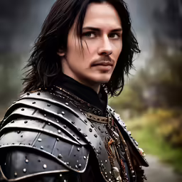 a man in black and gold armor with his eyes closed