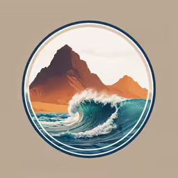 a blue ocean with large waves in the foreground and two mountain range,a beautiful sunset with mountains on the background