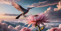 a bird flying over a lush green and pink flower covered field